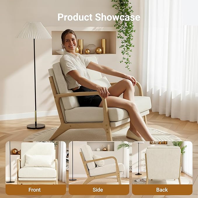 Claiks Mid-Century Modern Accent Chair Living Room Armchair with Solid Wood Frame &amp Lumbar Pillow Comfy Upholstered Lounge Chair for Bedroom Office Corduroy Beige