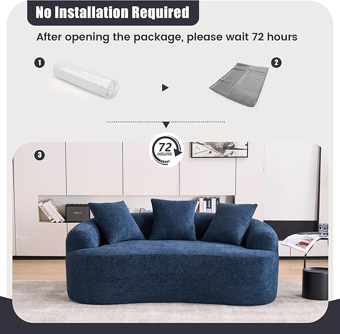 65 Curved LoveseatDeep Seat Cloud Floor Couch with 3 BackrestCozy Chenille FabricSmall Loveseat for Small SpacesBedroomOfficeApartment (Blue 65 Inch)