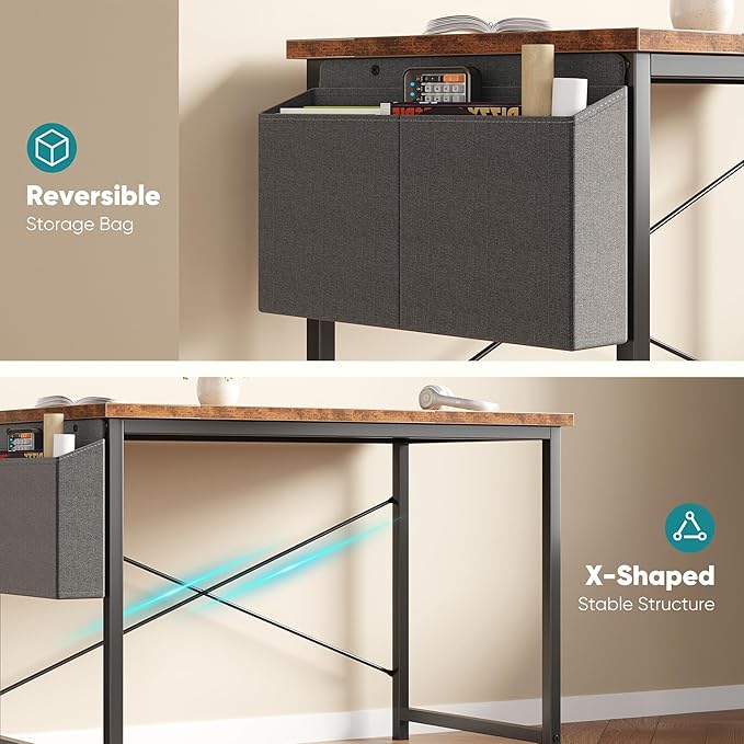 OLIXIS Computer Desk 47 Inch Home Office Desks for Small Spaces Gaming Writing Study Work Table with Storage Bag for Bedroom Rustic Brown