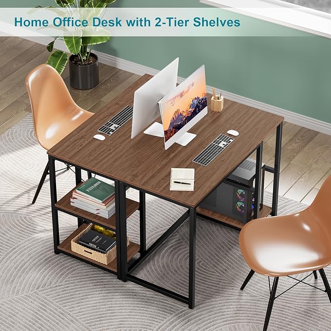 SINPAID Computer Desk 47 inches with 2-Tier Shelves Sturdy Home Office Desks with Large Storage Space Modern Gaming Desk Study Writing Laptop Table Brown