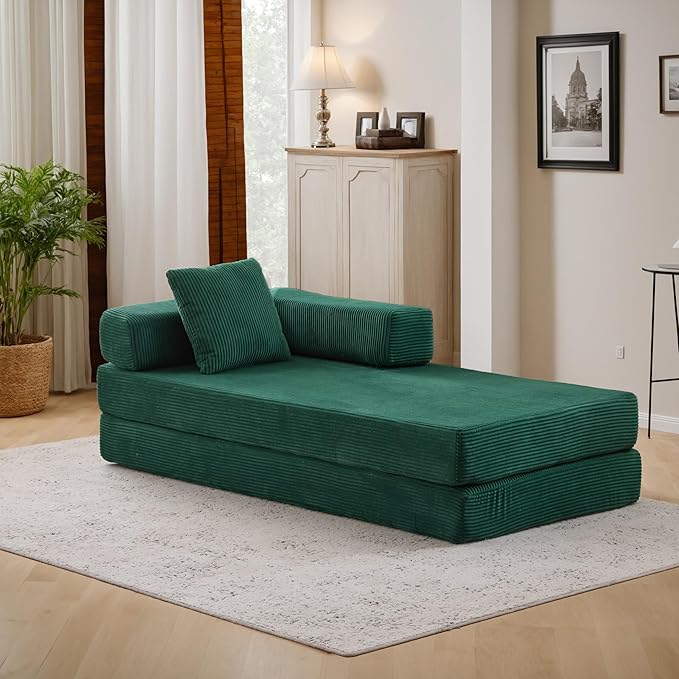 Convertible Couch Sofa Bed Foldable Floor Sleeper | Modern Fold Out Couch | Removable Backrest &amp Armrests | No Assembly Compression Sofa Sleeper for Living Room Bedroom | Corduroy Fabric Green