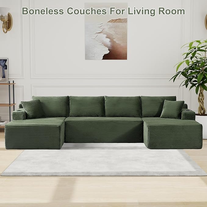KIVENJAJA 133.5 Oversized U Shaped Sectional Cloud Couch Corduroy Modular Sectional Sofa with Cup Holders &amp Side Pockets Modern Deep Seat Boneless Couches for Living Room Apartment Green