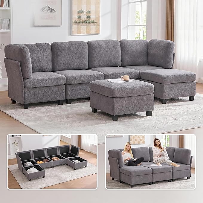 U Shaped Modular Sectional Sofa Couch with Storage Ottoman 6 Seat Convertible Upholstered Deep Seat Sofa with Chaise Lounge Comfy Cloud Couch for Living Room Gray