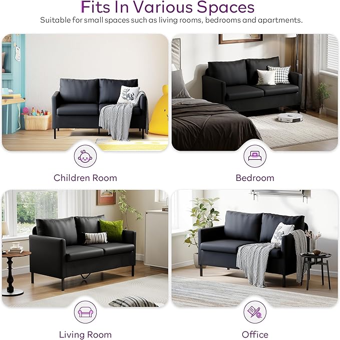 TYBOATLE Faux Leather Modern Small Couches for Small Spaces Comfy Upholstered Love Seat for Bedroom 2 Seater Mini Couch for Apartment Dorm Office Black