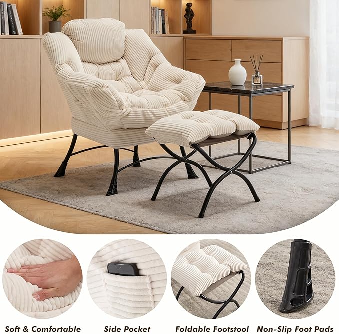 QQU Lazy Chair with Ottoman Corduroy Lounge Armchair Reading Chair with Footrest for Living Room Balcony Study (Beige)