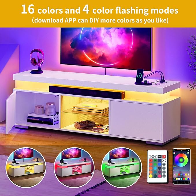 DWVO White Modern TV Stand with LED Lights and Power Outlet Modern Entertainment Center for 55/60/65 Inch Media Console Table TV Cabinet with Storage Universal TV Stand for Living RoomWhite