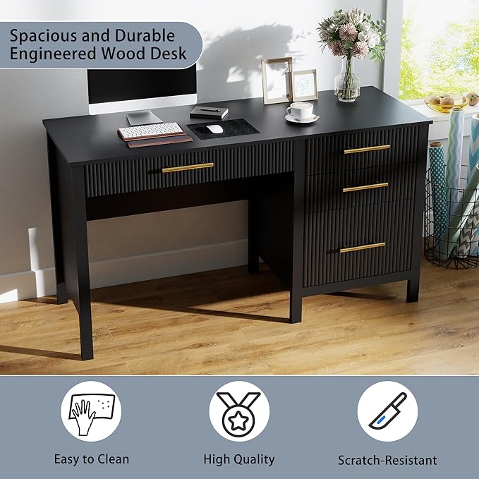 Black Computer Desk with Storage: 54 Wooden Executive Office Desk with 4 Drawers Home Office Desks with File Drawers Fluted Writing Desks for Study Living Room