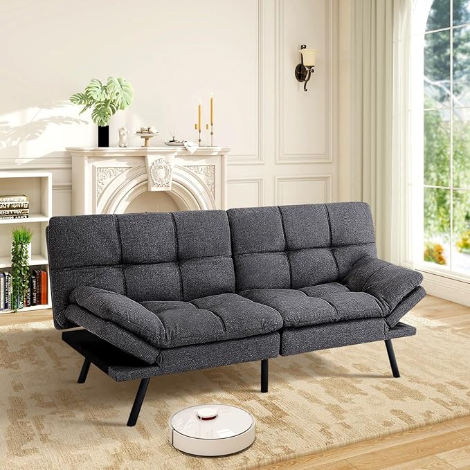 MUUEGM Futon Sofa Bed Memory Foam Dark Grey Futons Modern Office Couch Sleeper Bed Convertible Love seat Sofa for Small SpacesApartmentOffice with Adjustable Armrest Backrest