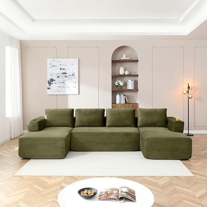 132” Oversized Modular Sectional Sofa Modern Comfy Corduroy U Shaped Couch with Cup Holders Boneless Compressed Memory Foam Cloud Couch for Living Room Office No Assembly Requiredm Green