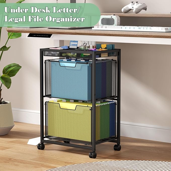 Rolling File Cart with 2 Drawers Under Desk Storage Cabinet with DIY Divider Letter/Legal Mobile Filling Cabinet on Wheels Hanging File Folders Organizer Metal Utility Cart for Home Office Black