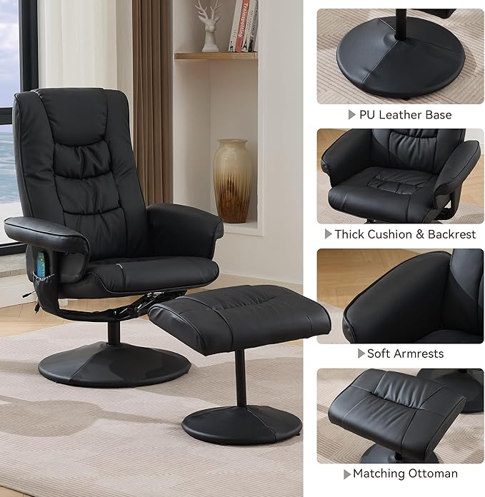 140° Adjustable PU Leather Recliner Chair with Ottoman 360° Swivel Massage Lounge Chair with 5-Point Vibration &amp Heated Seat for Living Room Home Theater or Office (Black)