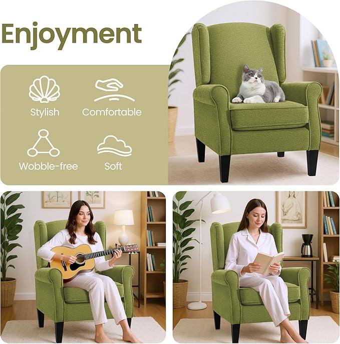 Accent Chair for Living Room High Back Reading Armchairs with Removable Seat Cushion Mid-Century Green Single Couch in Fabric Modern Ergonomic Wingback Chair for BedroomClub Balcony
