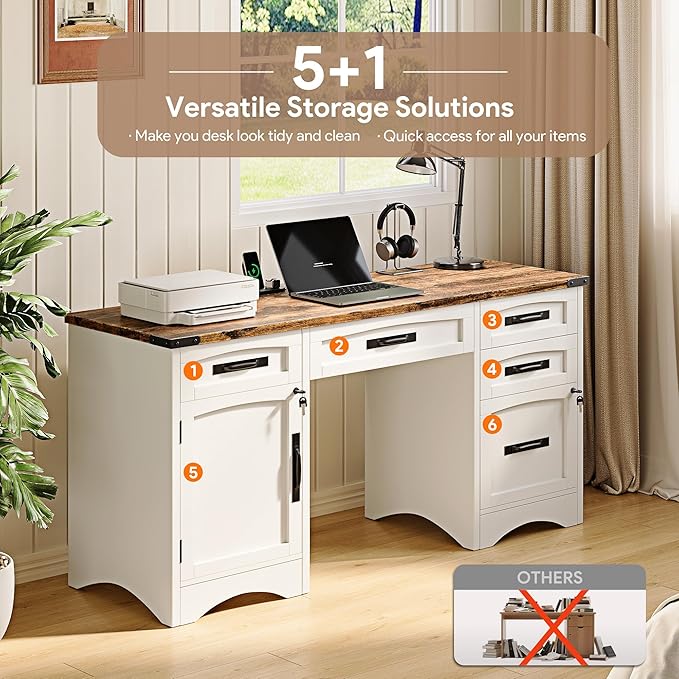 Farmhouse Executive Desk with Drawers 55 Home Office Desks with Fast Charging Station Lockable File Cabinet Wood Writing Computer Desk for Work Study White