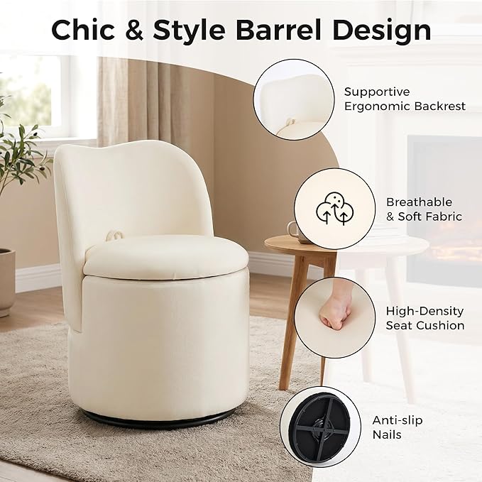 Swivel Velvet Vanity Chair with Storage Upholstered Vanity Stool with Back Sherpa Vanity Stool Chair Round Makeup Chair Swivel Accent Chair Barrel Armchair Soft Padded Seat for Living Room Bedroom