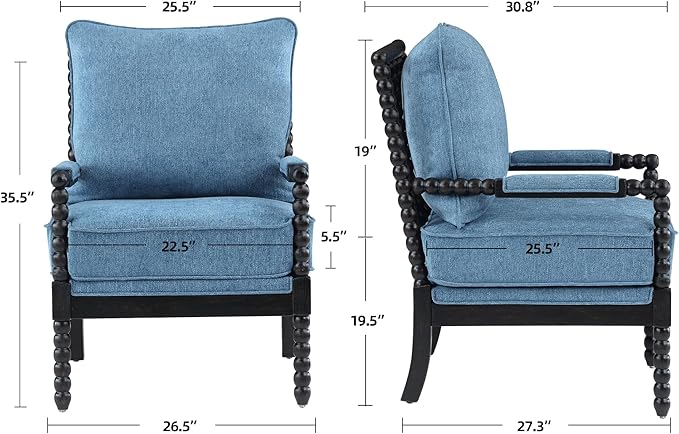 DUHOME Linen Fabric Spindle Accent Chair with Wood FrameModern Accent Spool Chairs with Padded Spring Seat and Brushed Blue Base for Living Room Bedroom Farmhouse Home Office Belcony