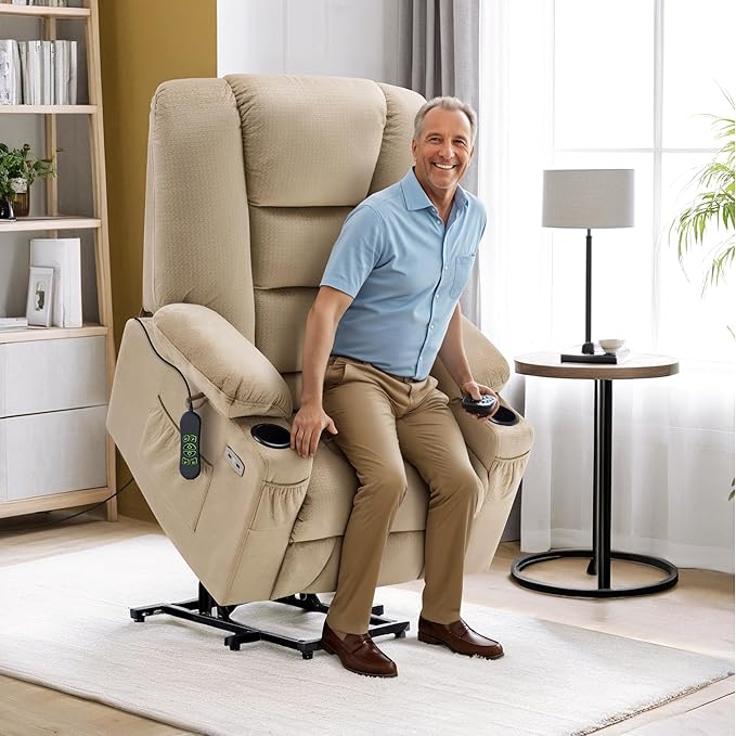 MCombo Large Power Lift Recliner Chair Sofa with Massage and Heat for Big and Tall Elderly People 3 Positions Cup Holders and USB Ports Fabric 7549 (Large Beige)
