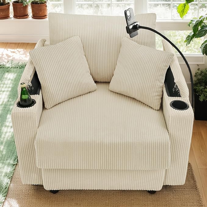 42 W Comfy Living Room Chair with Storage Armrest Corduroy Accent Chair with Two Cup Holders Oversized Reading Chair with A Phone Holder Rack for Living Room (Beige)