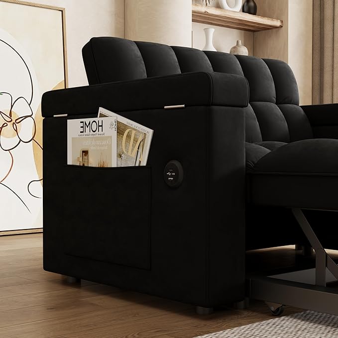 Dreamzie 65'' Wide 3 in 1 Convertible Sleeper Sofa Bed Pull Out Couch for Living Room with Hidden Laptop Desk Loveseat Sleeper with Side Pocket | Adjustable Backrest | USB Port (Fabric Black)
