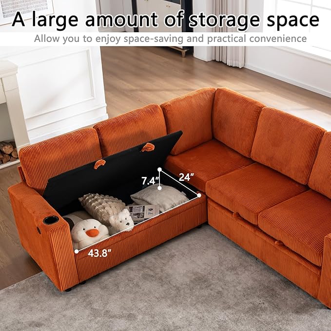83 Modular Sectional Sleeper Sofa with Pull Out Bed Plush Corduroy L-Shaped Corner Couch with Storage USB Charger Cup Holders 5-Seater Sectional Couches for Living Room Apartment Orange