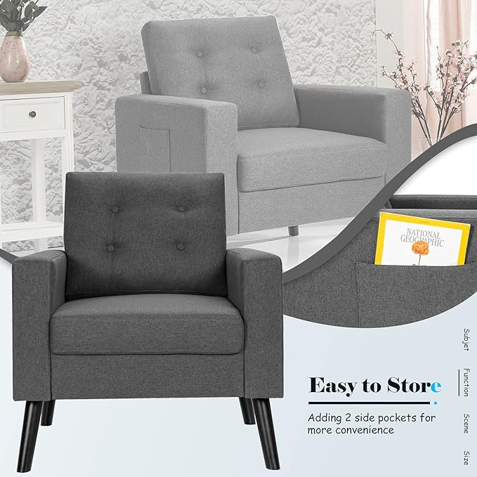 Giantex Modern Accent Chair Upholstered Living Room Chair Button Tufted Single Sofa Couch Bedroom Reading Guest Room Patented Linen Fabric Armchairs with Side Pockets and Wood Legs Gray