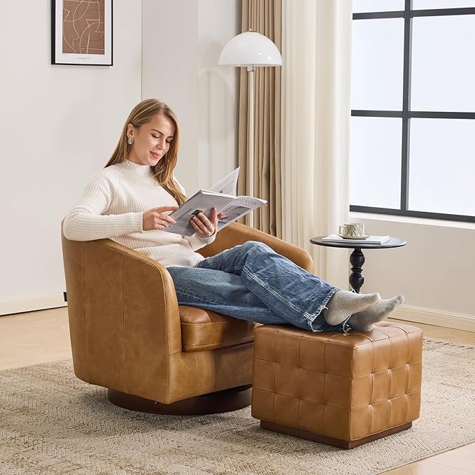 AEDI Oil-Wax Leather Swivel Chair &amp Ottoman Set Modern Barrel Accent Chair Camel