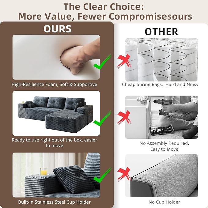 109 Boneless Couches for Living Room Modular Sectional Sofa with Oversized Chaise L-Shape Cloud Couch with Deep Seat (Dark Gray Right Facing Chaise)