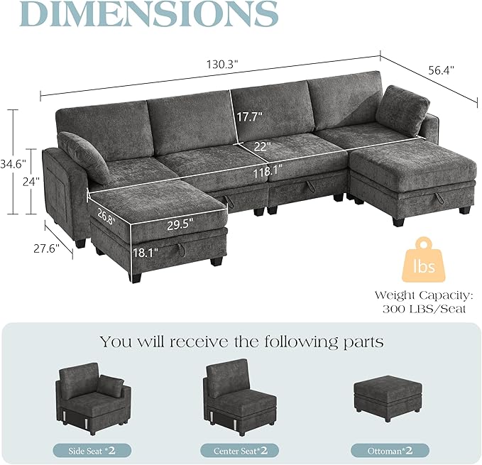 TUNYI 130 Sectional Couch with Storage Oversized Chenille Modular Sectional Sofa for Living Room Convertible Deep Seat Sofa Couches with Ottoman Armrest Pillow (Grey)