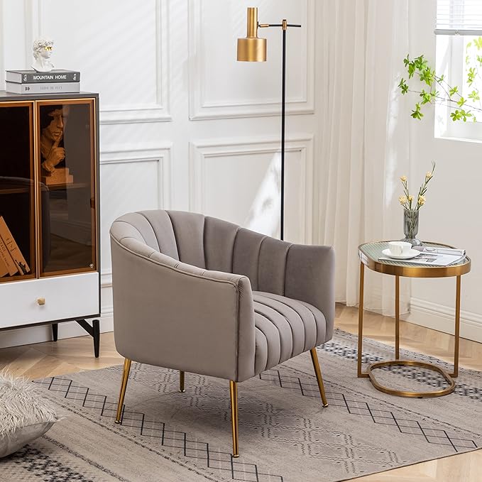 Modern Velvet Tub Chair Armchairs Barrel Accent Dinning Chair with Gold Plated Metal LegsThick Soft Padded Seat for Living Room