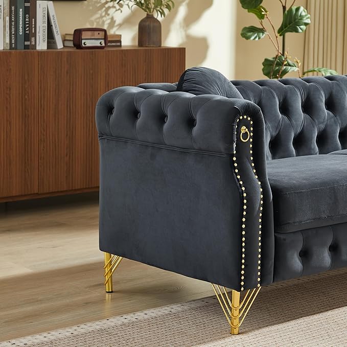 ERYE 60.5-Inch Button Tufted Sofa Couch with 2 Round Pillows 2 Seat Velvet Tufted Sofa Compact Chesterfield Loveseat Couches W/Nailhead DecorRing Accent &amp Golden Legs