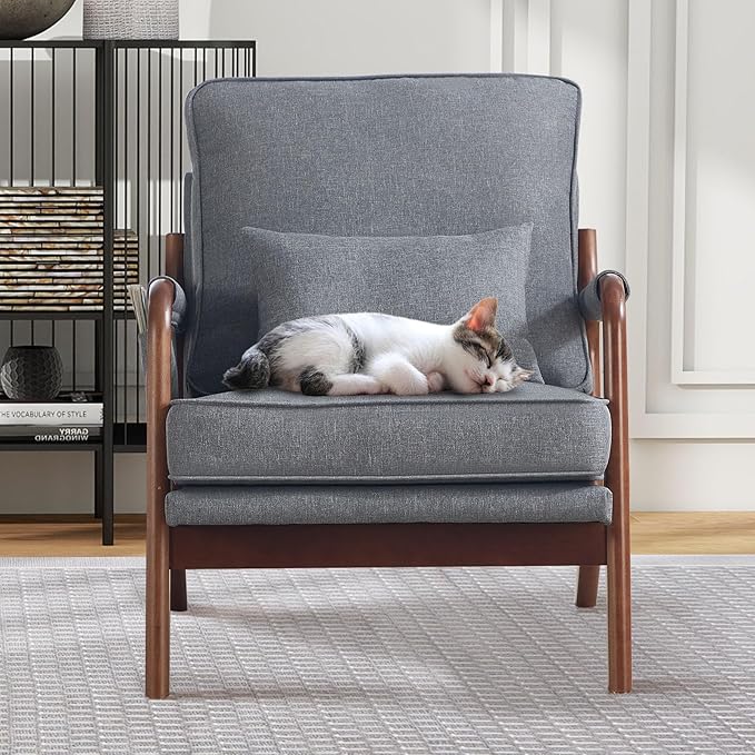 ANJ Mid Century Modern Accent Chair Set of 2 Lounge Reading Armchair with Extra Side Pocket &amp Detachable Cushion Comfy Fabric Accent Chairs for Living Room Bedroom Grey