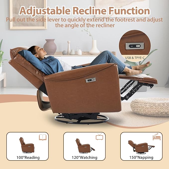 Power Swivel Rocker Recliner PU Leather Glider Electric Rocking Chair with Charging Ports and Lumbar Support Electric Wall Hugger Recliner for Living Room Bedroom Nursing RV Brown