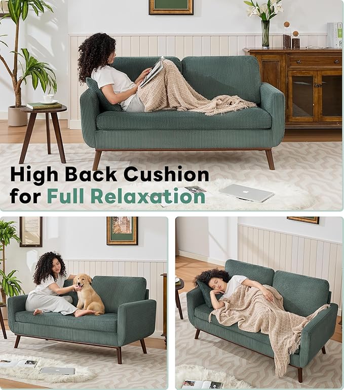 Tbfit 65 Corduroy Love Seat with Spring Cusions Mid Century Modern Loveseat Sofa for Livingroom &amp Bedroom Comfy Upholstered Small Couch