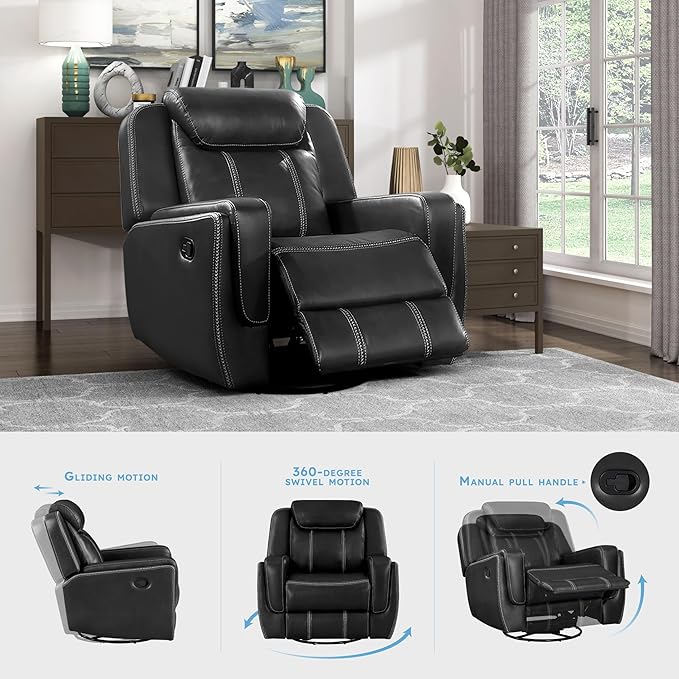 Lexicon Modern Swivel Glider Recliner Chair Nursery Glider Faux Leather Recliner Chair with Headrest Manual Recliner Sofa Chair for Living Room/Office/Apartment Black