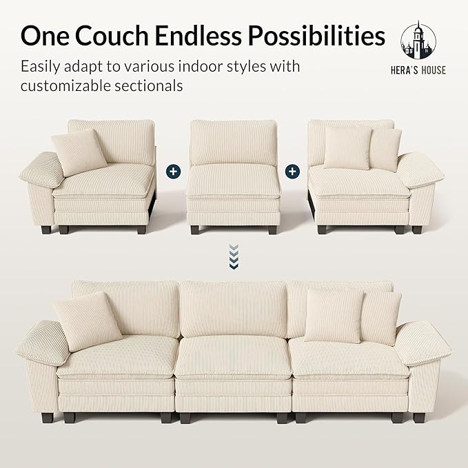HERA'S HOUSE 124 Modular Sectional Sofa Oversized L Shaped Couches for Living Room Comfy Cloud Couch with Ottoman 4-Seater Deep Seat Sofa with Throw Pillow Corduroy Beige