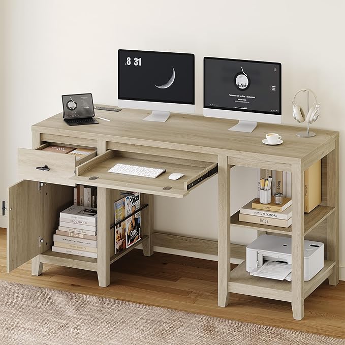58 Office Desk with Drawers Charge Station and Foldable Keyboard Tray Farmhouse Wooden Home Computer Desk with Storage Cabinet and 3 Magazine Rack for Home Office and Study Natural Birch