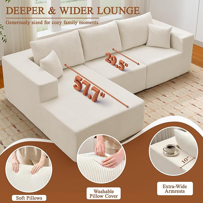 Modular Sectional Sofa for Living Room 108 Cloud Couch Sectional with L-Shape Chaise Modern Upholstered Corduroy Boneless Couch with Memory Foam Deep Seat No Assembly Required (Beige)
