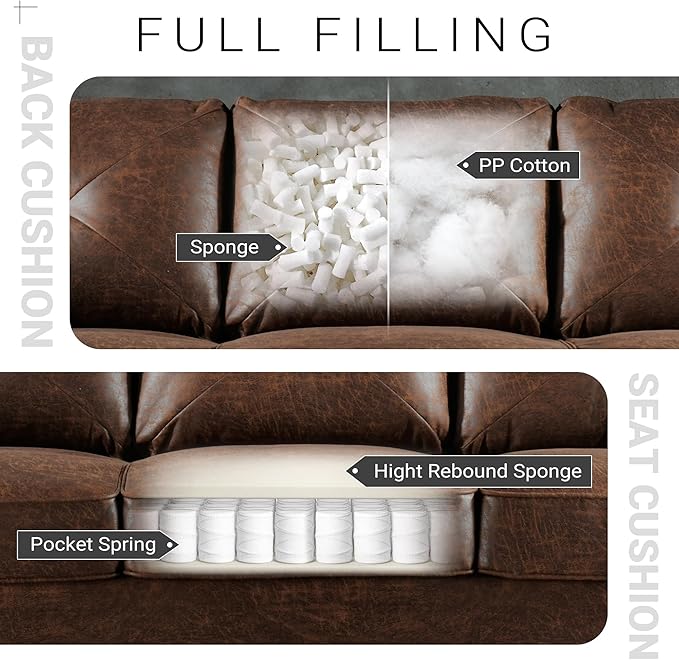 HOOOWOOO 72 Faux Leather Couch Small Sofa Living Room Couch 3 Seater Sofa Modern with Button Tufted Back Cushioned Square Arm for Small Bedroom ApartmentDark Brown