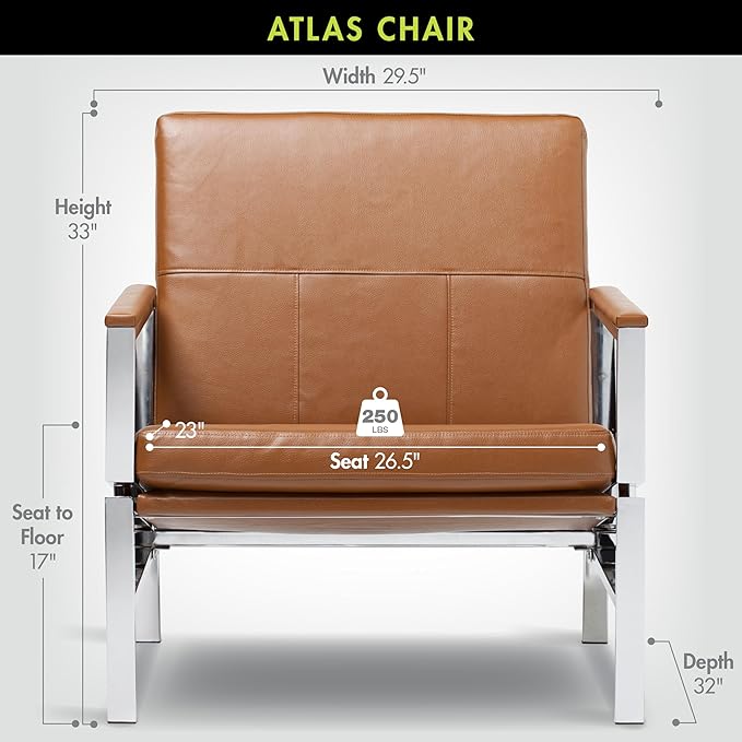 Studio Designs Atlas Modern Accent Chair with Padded Armrests - 29.5 W x 32 D x 33 H - Armchair for Home or Office - Caramel Brown Bonded Leather Fabric and Chrome Legs