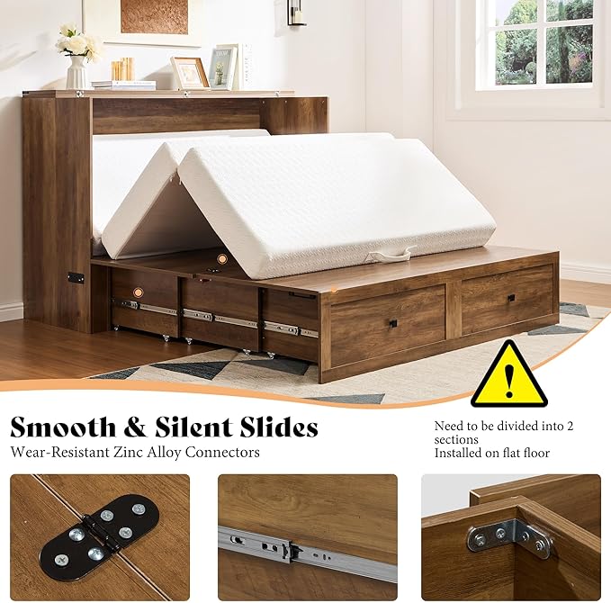 AMERLIFE Queen Murphy Bed Cabinet with Charging Station and Storage Farmhouse Foldable Platform Bed for Guest Room Office Small Spaces Barnwood