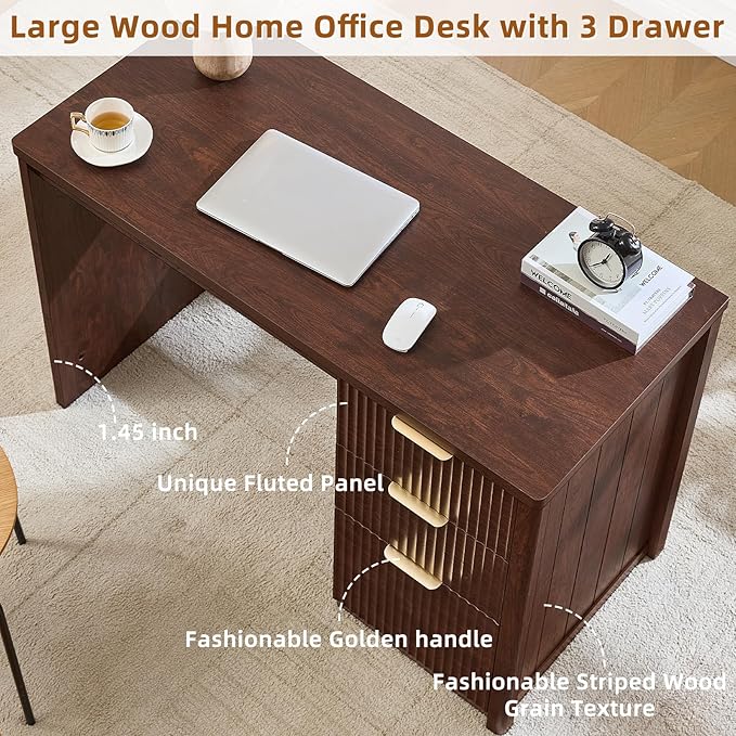 LEYAOYAO Office Desk 48 with 3 Drawers Storage File Cabinet Wood Fluted Desk for Computer Office Bedroom Home Furniture Walnut