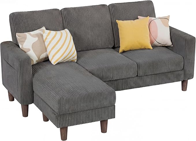 Homall 3 Seat Couch L Shape Sofa with Side Storage Pockage Sectional Couches with Reversible Ottoma Upholstered Sofa for Living Room and Small Spaces (Corduroy Grey)