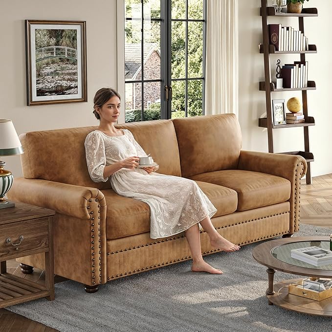 ONBRILL Faux Leather Sofa 84 Inches Nailhead Trim Couch for Living Room Mid-Century Modern Deep Seat Sofa with Rolled Arms Classic 3 Seater Couch for Apartment Office Caramel
