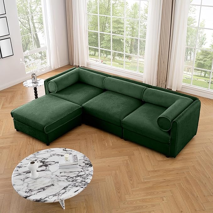 109 inch Cloud Modular 3 Seater Sofa with Storage Ottoman Modern Upholstered Storage Sofa Couch Deep Seat L Shape Sectional Sofa Chenille Comfy Couch for Living Room Apartment Green