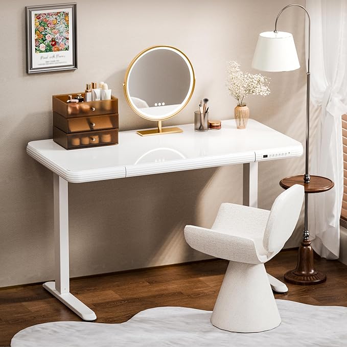 FLEXISPOT Comhar Electric Pure Glass Standing Desk with Drawer Desktop &amp USB Charge Ports 48 Ergonomic Height Adjustable Sit to Stand Desk for Home Office (White Glass)