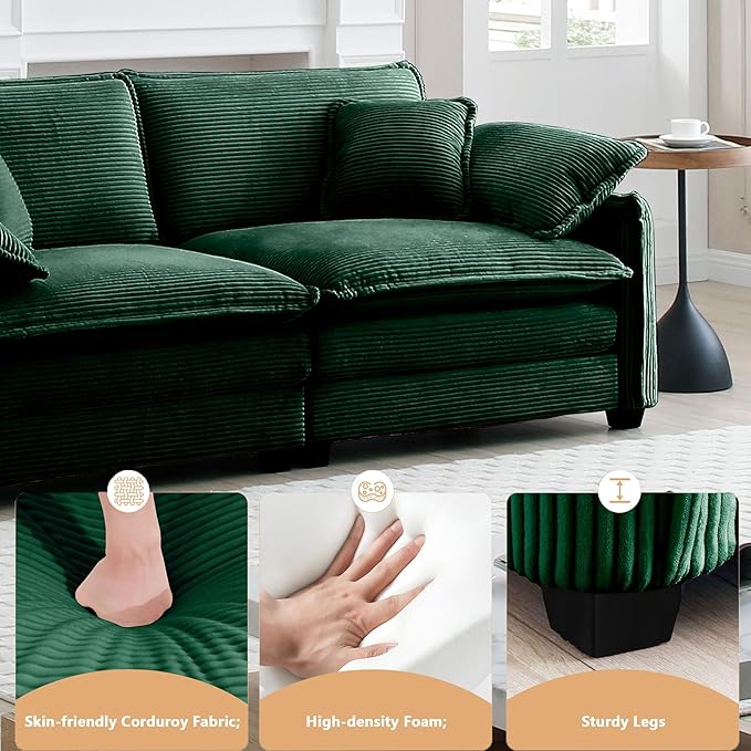 Aoowow 3 Pieces Modular Sectional Sofa Set with 3-Seater Couch and 2 Sofa ChairModern Corduroy Comfy Cloud Deep Seat Couches Set with Throw Pillows and Arm Pillows for Living Room Apartment(Green)