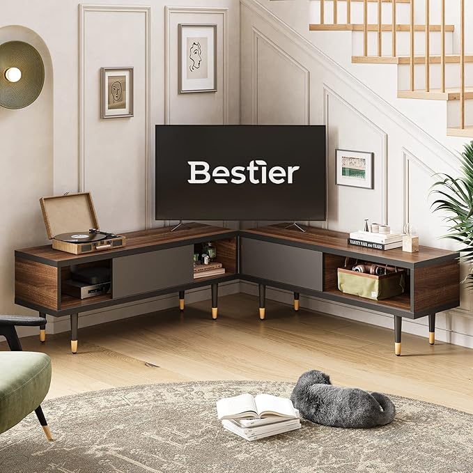 Bestier Mid Century Modern TV Stand for 85 inch tv Entertainment Center with Storage and Sliding Doors 2 in 1 Long TV Cabinet for Living Room Ancona Walnut
