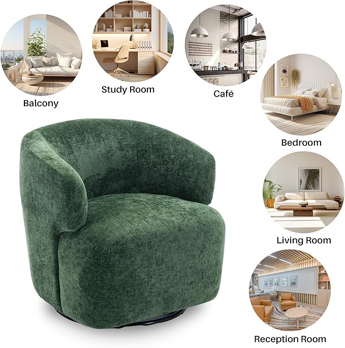 Swivel Accent Chair Chenille Barrel Chair for Living Room Cozy Round Boucle Arm Chair Metal Base for Club Nursery Bedroom Green