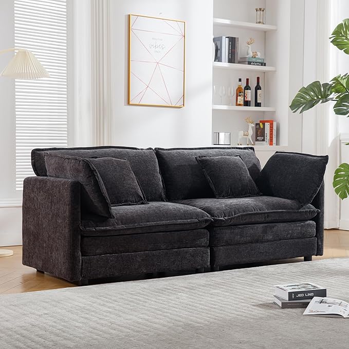 76.7 Black Chenille Loveseat Sofa Oversized 2 Seater Cloud Sectional Couch Modern Large Luxury Love Seat for Living Room Bedroom Apartment Office