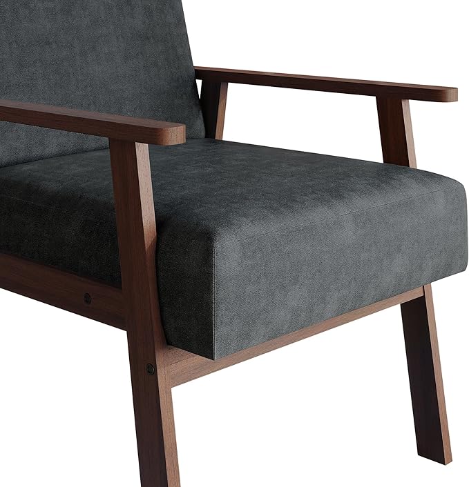 Mid-Century Modern Accent Chair Linen Upholstery Wooden Armrests Cushioned Seat Easy Assembly Dark Grey