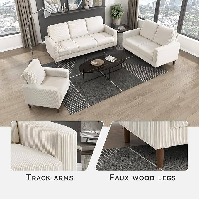 Lexicon Modern Accent Chair Corduroy Fabric Upholstered Armchair with Brown Legs Track Arms Single Sofa Chair for Living Room/Bedroom/Office/Waiting Room Beige